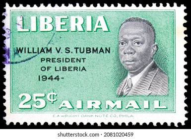 MOSCOW, RUSSIA - NOVEMBER 4, 2021: Postage Stamp Printed In Liberia Shows President William Tubman (1895-1971) Anniversary, Presidents Of Liberia Serie, Circa 1958