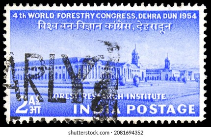 MOSCOW, RUSSIA - NOVEMBER 4, 2021: Postage Stamp Printed In India Devoted To 4th World Forestry Congress, Forest Research Institute, Serie, Circa 1954