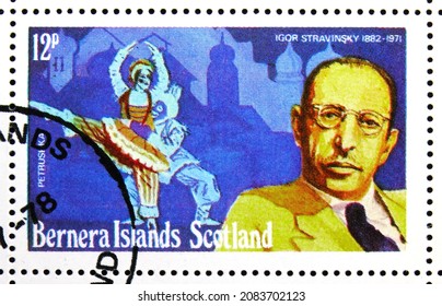 MOSCOW, RUSSIA - NOVEMBER 4, 2021: Postage stamp printed in Scotland shows Igor Stravinsky - " Petrushka", Scotland: Bernera Island serie, circa 1978