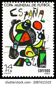 MOSCOW, RUSSIA - NOVEMBER 7, 2021: Postage stamp printed in Spain shows Brightly coloured poster by Joan Miro, Football World Cup Spain -82, serie, circa 1982