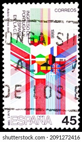 MOSCOW, RUSSIA - NOVEMBER 7, 2021: Postage Stamp Printed In Spain Shows Admission To European Economic Community, European Union Serie, Circa 1986