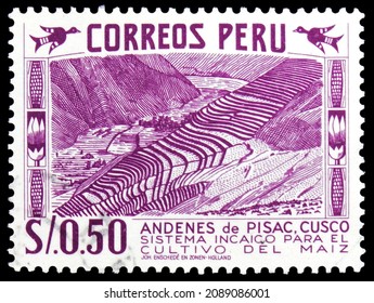 MOSCOW, RUSSIA - NOVEMBER 8, 2021: Postage Stamp Printed In Peru Shows Maize Terrace - Agriculture, Personalities, Nature And Culture Of Peru Serie, Circa 1957