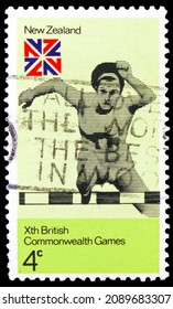 MOSCOW, RUSSIA - NOVEMBER 8, 2021: Postage Stamp Printed In New Zealand Shows Hurdling, Commonwealth Games Serie, Circa 1974