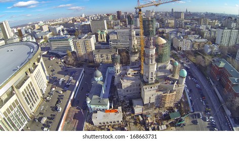 MOSCOW, RUSSIA - OCT 30, 2013: (view From Unmanned Quadrocopter) Construction Of Moscow Cathedral Mosque Near Olympiysky Sports Complex.