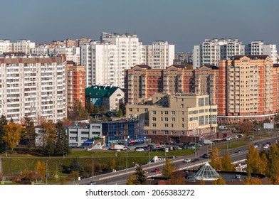 Moscow, Russia - Oct 5. 2021. Panoramic view of the city - residential buildings, road and shopping center