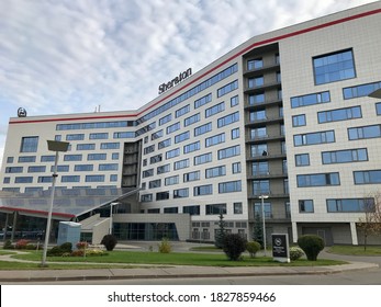 Moscow, Russia October 02, 2020: Building of a large, stylish, premium Sheraton hotel in beautiful autumn weather close up