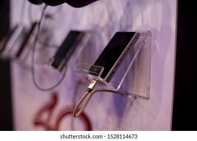  Moscow, Russia - October 04, 2019: Mp3 Player Sony Walkman

NW-A100 SERIES Gray Lies In A Stand Attached To The Wall, Soft Focus, Close Up 