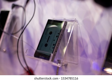 Moscow, Russia - October 04, 2019: Mp3 Player Sony Walkman

NW-A100 SERIES Gray Lies In A Stand Attached To The Wall, Soft Focus, Close Up 