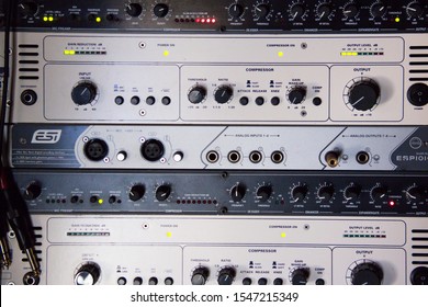 MOSCOW, RUSSIA - OCTOBER 05, 2019:A Rack Of Audio Compressors And Other Components Of Sound Reinforcement System In A Recording Studio Close Up. Making Music In The Professional Studio