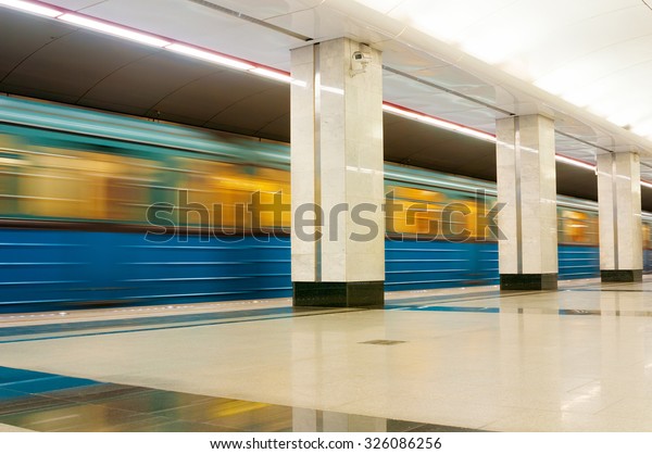MOSCOW, RUSSIA - OCTOBER 06, 2015: Subway train in\
Metro station Spartak in Moscow, Russia. Spartak was opened  August\
27, 2014.