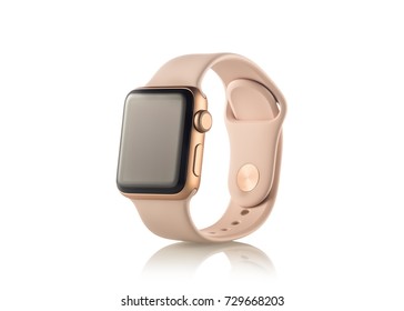 MOSCOW, RUSSIA - OCTOBER 07, 2017: New Apple Watch Series 3 Gold Case Pink Sand Sport Band.  Apple Watch incorporates fitness tracking, health-oriented capabilities, integration with iOS Apple 