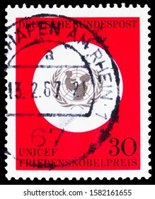 MOSCOW, RUSSIA - OCTOBER 1, 2019: Postage Stamp Printed In Germany Shows UNICEF, Award Of Nobel Peace Prize To United Nations Children's Fund Serie, Circa 1966