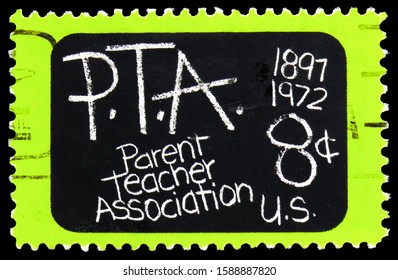 MOSCOW, RUSSIA - OCTOBER 1, 2019: Postage Stamp Printed In USA Shows Blackboard With P.T.A., Parent Teacher Association, 75th Anniversary Issue Serie, Circa 1972