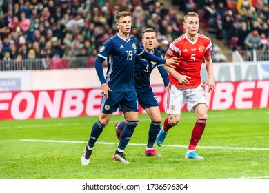 Moscow, Russia – October 10, 2019. Players Lawrence Shankland, Michael Devlin And Andrey Semenov During UEFA Euro 2020 Qualification Match Scotland Vs Russia (4-0) In Moscow.