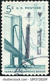MOSCOW, RUSSIA - OCTOBER 11, 2020: A stamp printed in USA shows Bridge and Map of NY Bay, Verrazano Narrows Bridge Issue, Opening of Bridge connecting Staten Island and Brooklyn, 1964