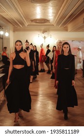 MOSCOW, RUSSIA - October 17 2020: Group Of Models In Stylish Designer Black Outfits At The Backstage. Fashion Shot During MERCEDES-BENZ FASHION WEEK RUSSIA.