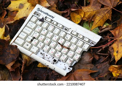 Moscow, Russia - October 2, 2022: Part Of Computer Keyboard Brands Kraftway Thrown To The Ground In Fallen Autumn Leaves Outside