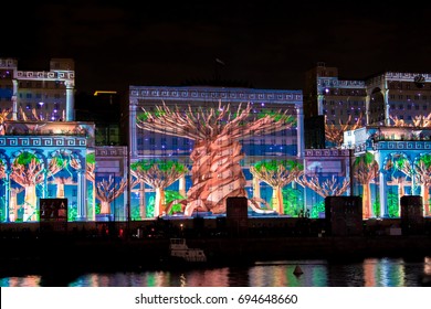 MOSCOW, RUSSIA - OCTOBER 2015: International Festival Circle Of Light. Laser Video Mapping Show On Facade Of The Ministry Of Defense In Moscow, Russia