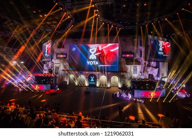 MOSCOW, RUSSIA - OCTOBER 2018: Counter Strike: Global Offensive Esports Event. Main Stage Venue, Big Screen And Lights Before The Start Of The Tournament.