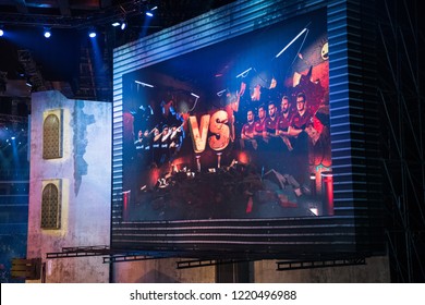 MOSCOW, RUSSIA - OCTOBER 2018: Counter Strike: Global Offensive Esports Event. Team NIP Ninjas In Pyjamas Versus FAZE Clan Matchup On A Screen.