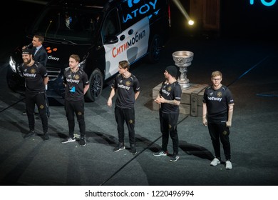 MOSCOW, RUSSIA - OCTOBER 2018: Counter Strike: Global Offensive Esports Event. Introduction Of The Team NIP Ninjas In Pyjamas. Players On A Stage.