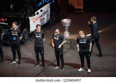 MOSCOW, RUSSIA - OCTOBER 2018: Counter Strike: Global Offensive Esports Event. Introduction Of The Team NIP Ninjas In Pyjamas. Players On A Stage.