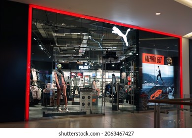 Moscow Russia - October 2021:Puma Brand Shop For Sporting Goods. Clothes, Footwear, Equipment And Accessories For Sports And Active Lifestyles.