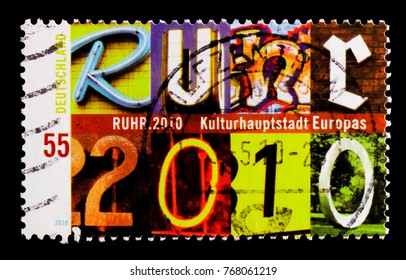 MOSCOW, RUSSIA - OCTOBER 21, 2017: A stamp printed in German Federal Republic shows Writing "Ruhr 2010" from eight photo clips from the Ruhr, Ruhr â?? European Capital of Culture serie, circa 2010