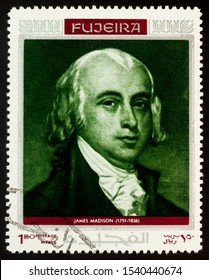 Moscow, Russia - October 23, 2019: Stamp Printed In Fujeira Shows James Madison, 4th US President, Author Of US Constitution And Bill Of Rights, Series 