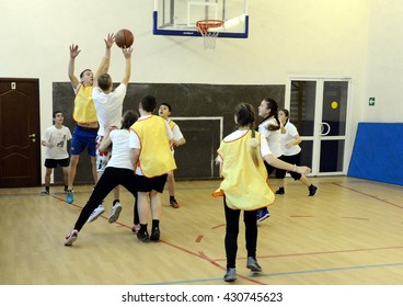 MOSCOW, RUSSIA - OCTOBER 24, 2013:Playing Basketball In Gym Class.Cadet Corps - Initial Military Training School With The Full Board To Prepare Youth For A Military Career.