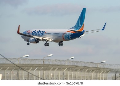 Moscow, Russia - October 24, 2014: Boeing 737 A6-FEA FlyDubai take off at Vnukovo International airport.