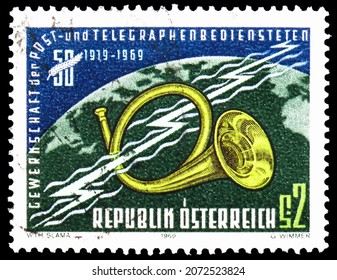 MOSCOW, RUSSIA - OCTOBER 24, 2021: Postage Stamp Printed In Austria Devoted To 50th Anniversary Of Posts And Telegraphs Trade Union, Labour Movement Serie, Circa 1969