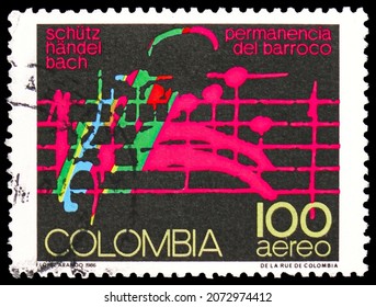 MOSCOW, RUSSIA - OCTOBER 24, 2021: Postage stamp printed in Colombia shows Music Manuscript of J.S. Bach, Tribute to Bach, Handel and Schutz serie, circa 1986
