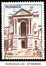 MOSCOW, RUSSIA - OCTOBER 24, 2021: Postage stamp printed in Monaco shows Portal of the Oceanographic Museum, Buildings serie, circa 1960
