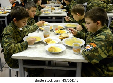 MOSCOW, RUSSIA - OCTOBER 24,2013:In The Dining Room Of The Cadet Corps Of The Police.Cadet Corps - Initial Military Training School With The Full Board To Prepare Youth For A Military Career.