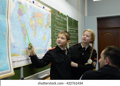 MOSCOW, RUSSIA - OCTOBER 24,2013:In Geography Class In The Cadet Corps Of The Police.Cadet Corps - Initial Military Training School With The Full Board To Prepare Youth For A Military Career. 