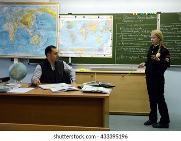 MOSCOW, RUSSIA - OCTOBER 24,2013:In Geography Class In The Cadet Corps Of The Police.Cadet Corps - Initial Military Training School With The Full Board To Prepare Youth For A Military Career. 