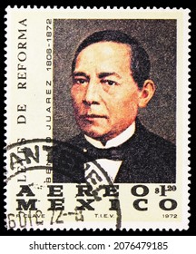 MOSCOW, RUSSIA - OCTOBER 25, 2021: Postage Stamp Printed In Mexico Shows Benito Juarez, Centenary Of The Death Of Benito JuÃ¡rez (1806-1872) Serie, Circa 1972