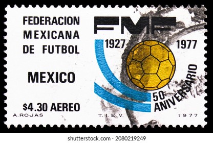 MOSCOW, RUSSIA - OCTOBER 25, 2021: Postage Stamp Printed In Mexico Shows Mexican Soccer Federation, 50th Anniversary Of The Mexican Soccer Federation Founding Serie, Circa 1977