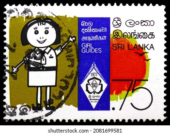 MOSCOW, RUSSIA - OCTOBER 25, 2021: Postage Stamp Printed In Sri Lanka Shows 60th Aniversary Of Sri Lanka Girl Guides Association, Circa 1977