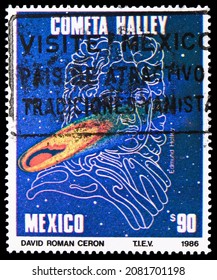 MOSCOW, RUSSIA - OCTOBER 25, 2021: Postage Stamp Printed In Mexico Shows Halleys Comet Pass By Earth, Circa 1986
