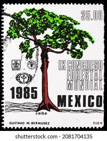 MOSCOW, RUSSIA - OCTOBER 25, 2021: Postage Stamp Printed In Mexico Shows Ceiba, IX World Forestry Congress Serie, Circa 1985