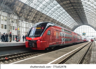 MOSCOW, RUSSIA - October 27 2017: The New Aeroexpress Train Of The Stadler Kiss Rus Model At The Kievskiy Railway Station In Moscow