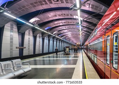 MOSCOW, RUSSIA - October 27 2017: The New Aeroexpress Train Model Stadler Kiss Rus At The Railway Station At Vnukovo Airport