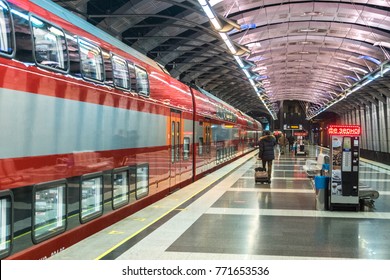 MOSCOW, RUSSIA - October 27 2017: The New Aeroexpress Train Model Stadler Kiss Rus At The Railway Station At Vnukovo Airport