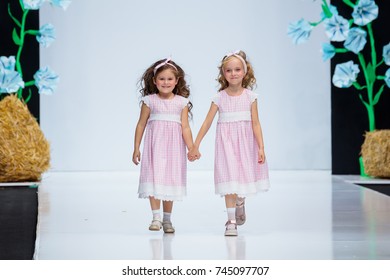 MOSCOW, RUSSIA - OCTOBER 28, 2017: Model Walk Runway For LANA2ROCK By ASUTINA JULIA For KIDS Catwalk At Spring-Summer 2018 Season Moscow Fashion Week. Kid's Fashion.