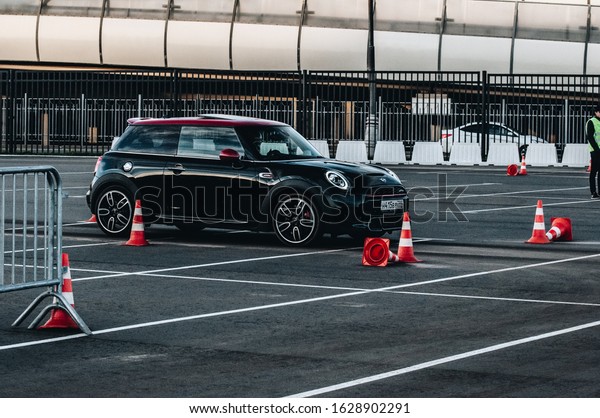 MOSCOW,\
RUSSIA - OCTOBER 5, 2018 MINI COOPER Car Owners Sport competition\
called ?MINI CUP RUSSIA?. Car Mastery Competition at Moscow Stadium\
Luzhniki.Many different mini cooper\
models.