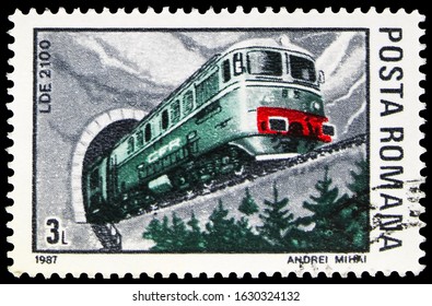 MOSCOW, RUSSIA - OCTOBER 7, 2019: Postage stamp printed in Romania shows Diesel locomotive LDE 2100, Locomotives serie, 3 Romanian ban, circa 1987