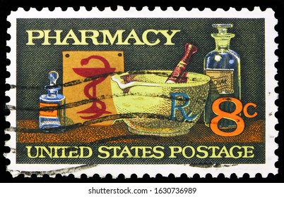 MOSCOW, RUSSIA - OCTOBER 7, 2019: Postage stamp printed in United States shows Mortar and Pestle, Bowl of Hygeia, Pharmacy Issue serie, 8 c - United States cent, circa 1972