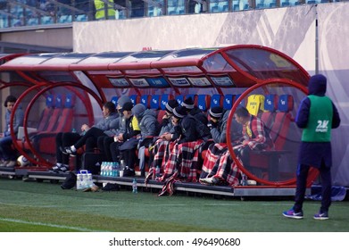 MOSCOW, RUSSIA - OCTOBER 8, 2016: Unidentified Players On Nosebleed Section Of Kuban Team On Football Cup Of Russia Game FC Dynamo Moscow Vs FC Kuban Krasnodar (1:0), October 8, 2016